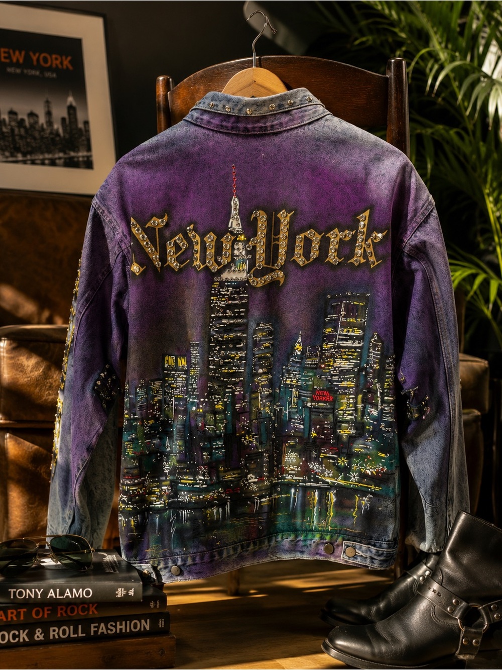 Tony Alamo New York rhinestone sparkle bedazzled 80s denim jacket 1987 oversized